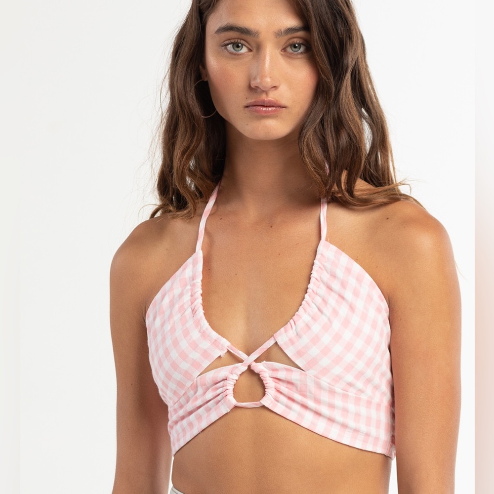 womans small pink plaid halter top